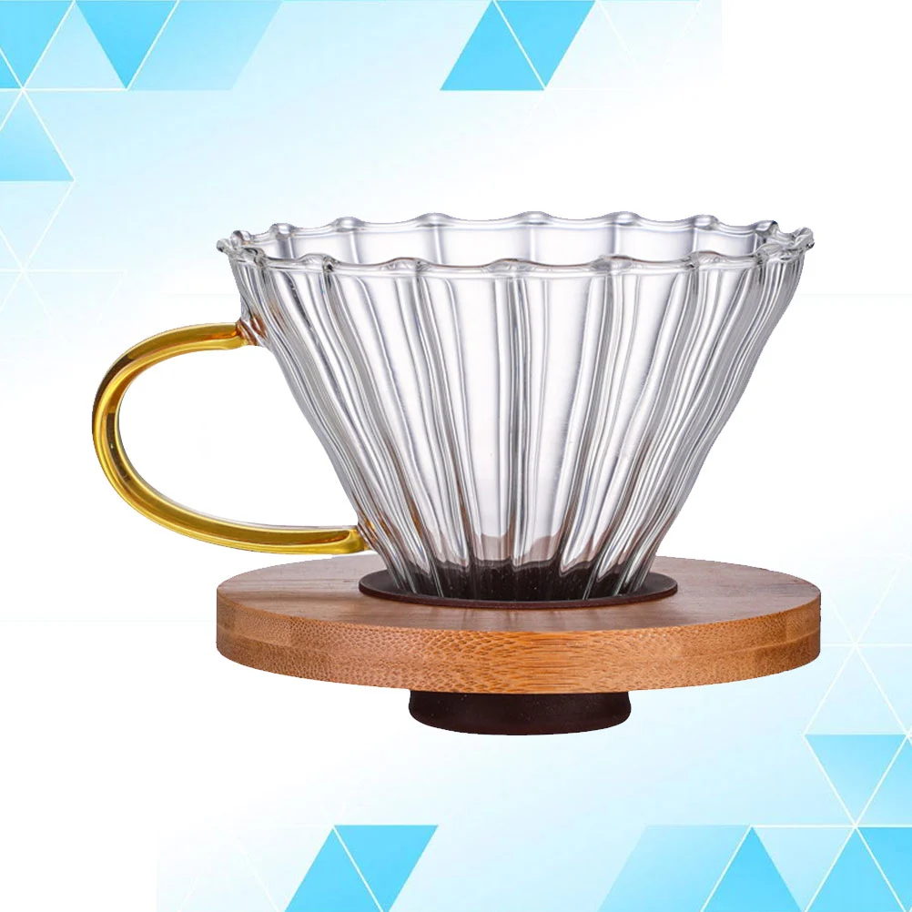 Stylish V-type Coffee Cup High Temperature Resistance Handmade Glass Filter Coffee Cup Wooden Tray for Home Office (with Handle)