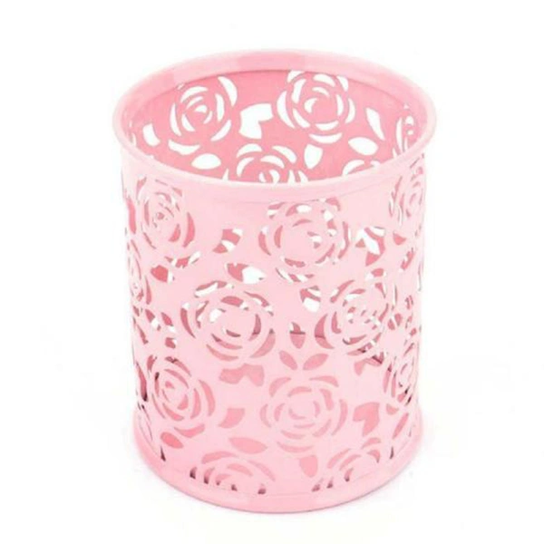 Metal Pen Pot Rose Flower Hollow Pencil Holder Container Organizer (Pink)