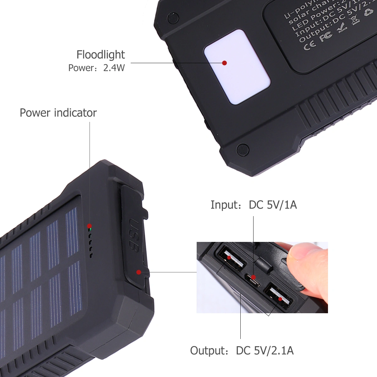1PC Outdoor Solar Mobile Power Bank 20000mAh Large Capacity Powerbank Multifunction Outdoor Charging Device with Climbing Hook and Data Line and Compass (20000Mah Black)