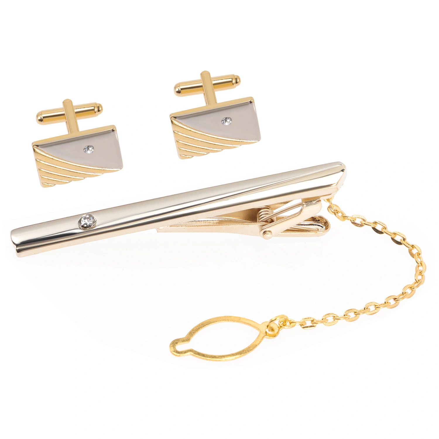 1 Set Rhinestone Men Necktie Tie Clip Business Shirts Cufflinks Golden Cufflinks