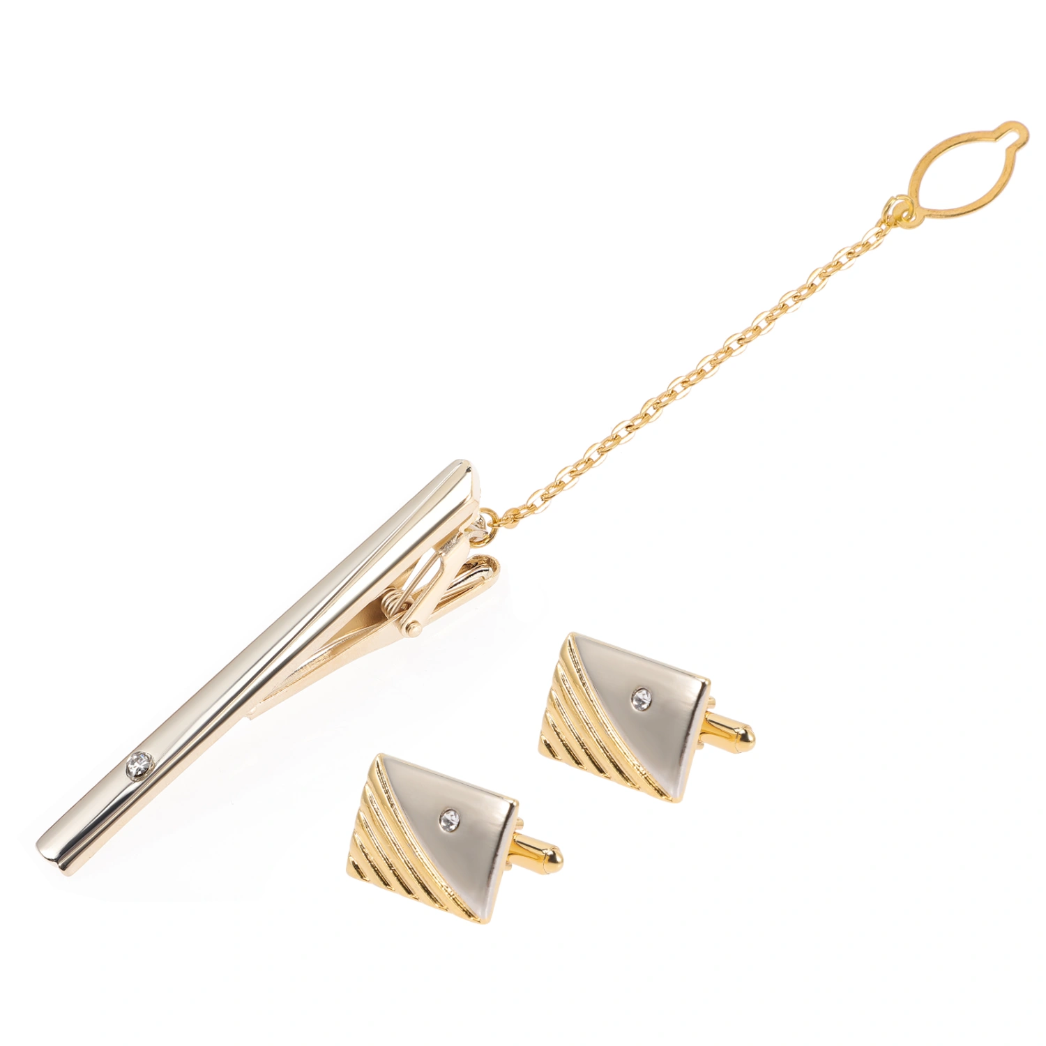1 Set Rhinestone Men Necktie Tie Clip Business Shirts Cufflinks Golden Cufflinks