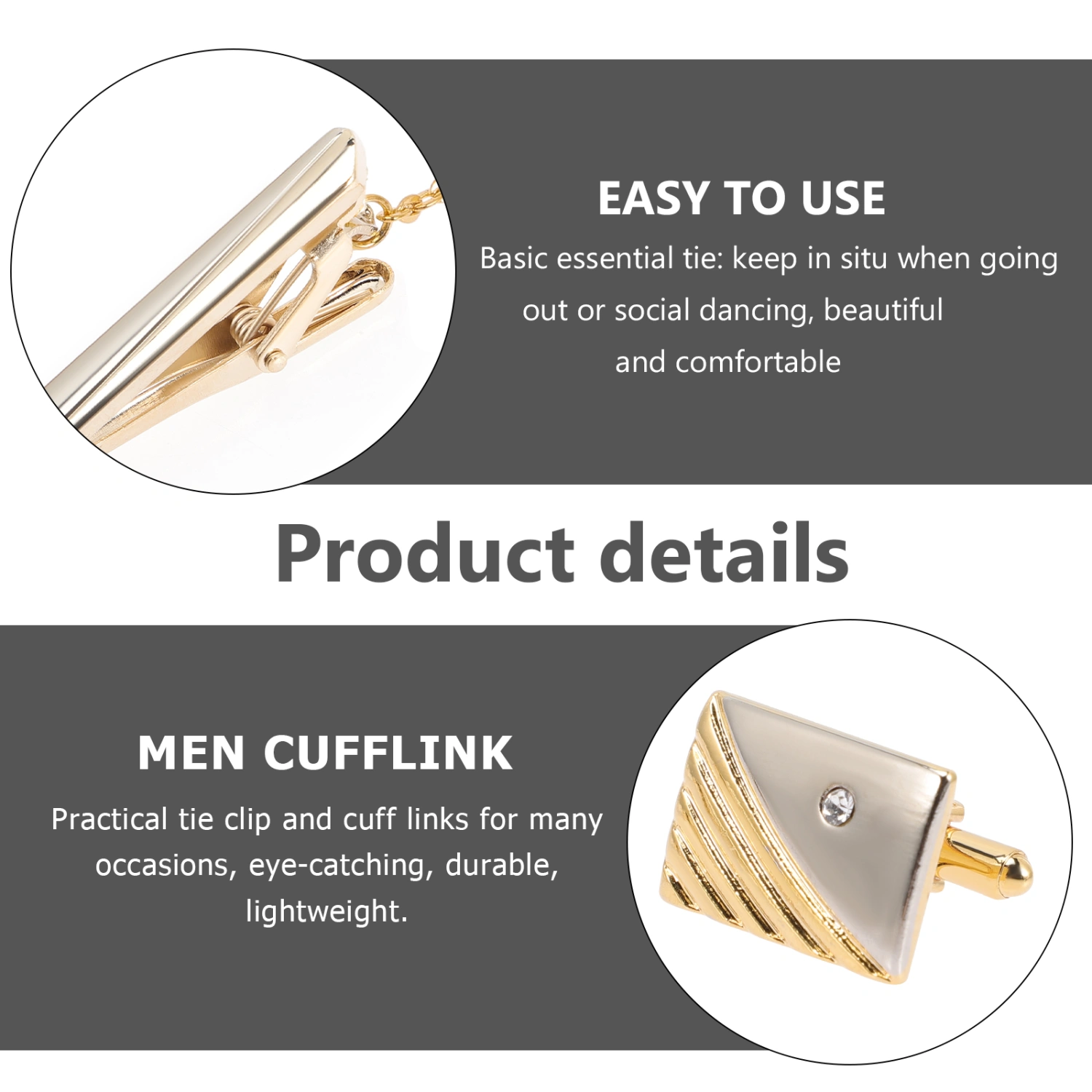 1 Set Rhinestone Men Necktie Tie Clip Business Shirts Cufflinks Golden Cufflinks