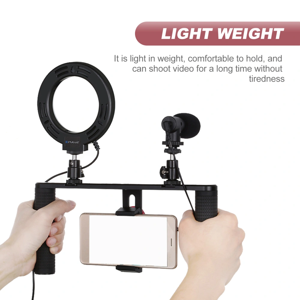 4 In 1 Vlogging Live Broadcast 4.6 Inch Ring LED Selfie Light Smartphone Video Rig Handle Stabilizer Aluminum Bracket Kits with Microphone Tripod Mount Cold Shoe Tripod Head Black