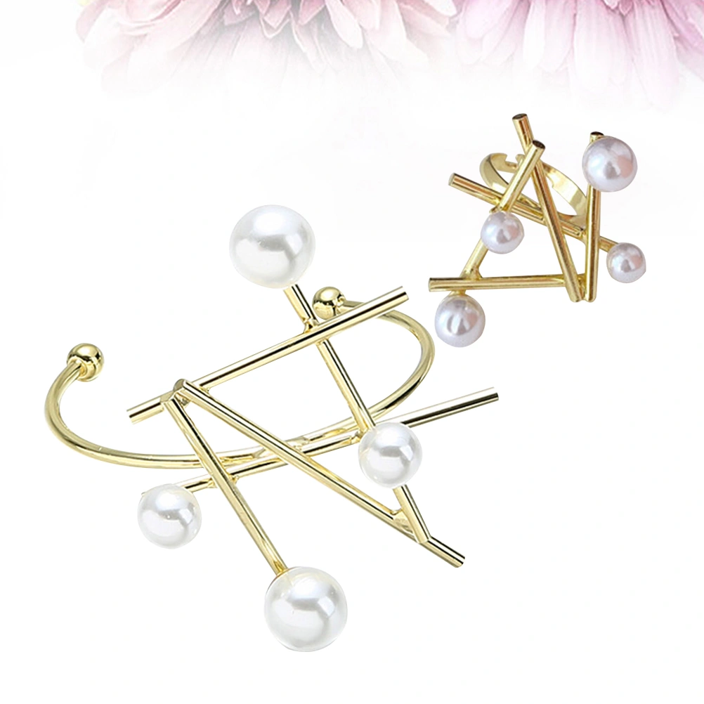 2pcs Irregular Pearl Ring Bracelet Set Exaggerate Opening Mouth Ring Bracelet for Woman Lady Girl