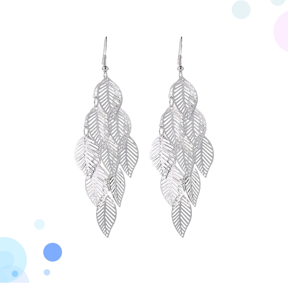 Multi Layer Hollow Out Leaf Design Earrings Long Leaf Earrings for Women (Silver)