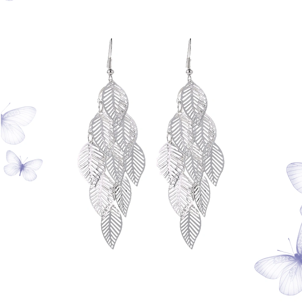Multi Layer Hollow Out Leaf Design Earrings Long Leaf Earrings for Women (Silver)