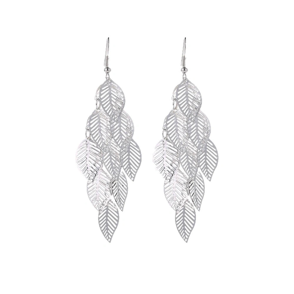 Multi Layer Hollow Out Leaf Design Earrings Long Leaf Earrings for Women (Silver)