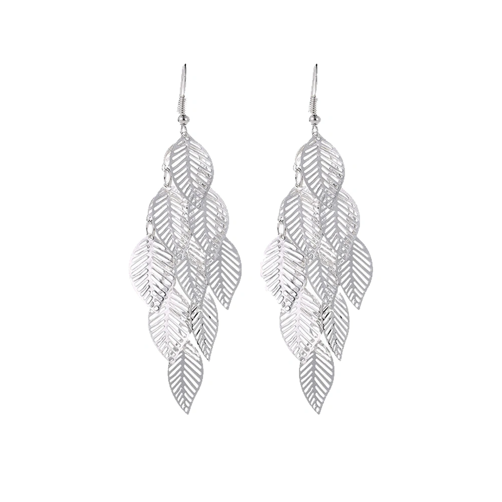 Multi Layer Hollow Out Leaf Design Earrings Long Leaf Earrings for Women (Silver)