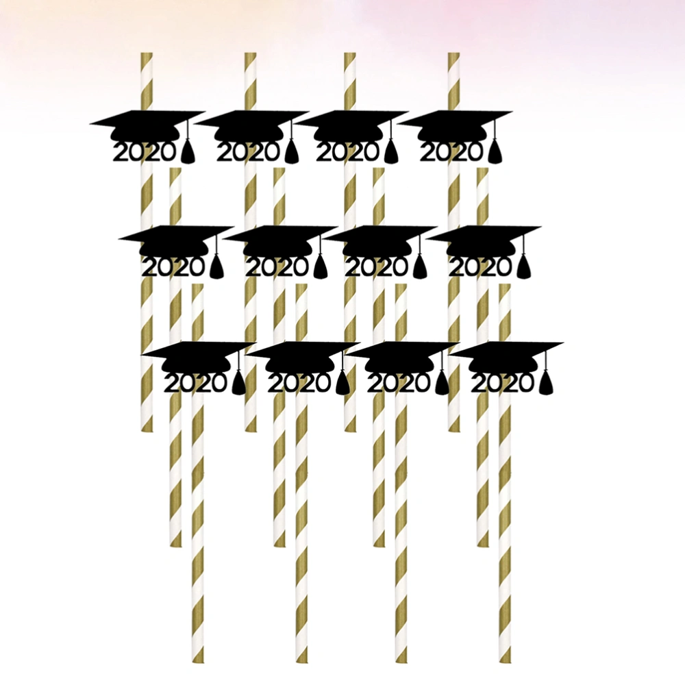 12pcs Graduation Party Paper Straws Art Doctorial Hat Drinking Straw Stripe Straw (12pcs/ Pack)