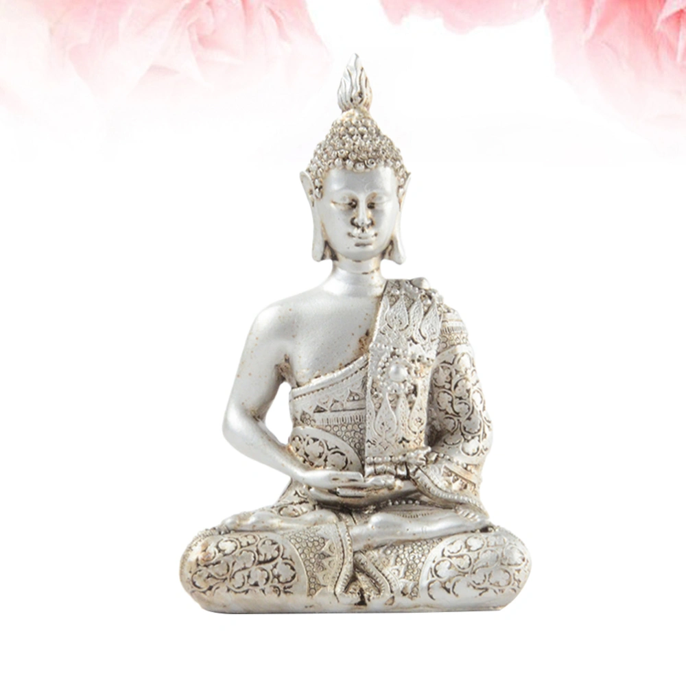 Sitting Buddha Figure Creative Resin Buddhism Statues Buddha Collectible Figurine Shelf Display Home Decoration (Silver)