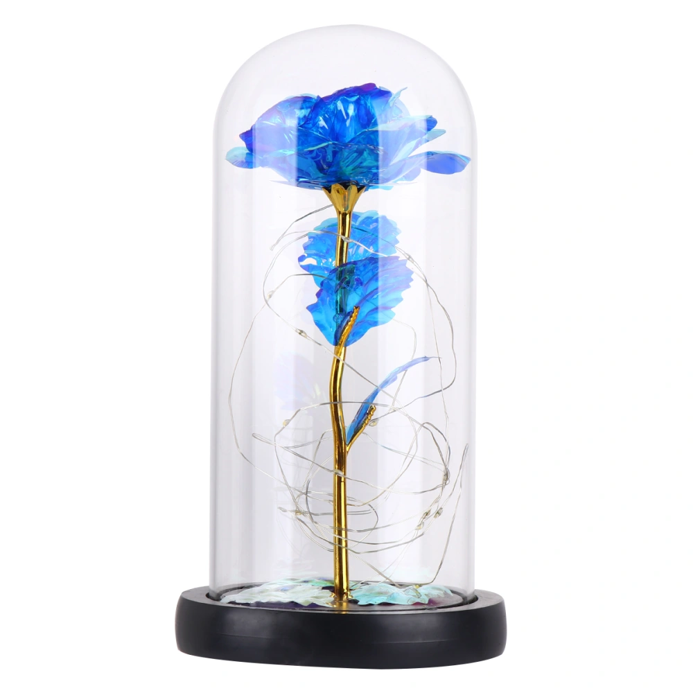 1Pc Simulative Rose LED Lamp Delicate Glass Rose Cover Decoration Desktop Night Light Layout Valentine Day Flower Gift (Goldleaf, Blue, Three Leaf)