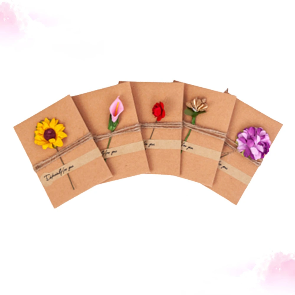 5PCS Vintage Kraft Handmade Flower Greeting Cards Beautiful Holiday for Birthday Valentine's Day Teacher's Day (Random Color)