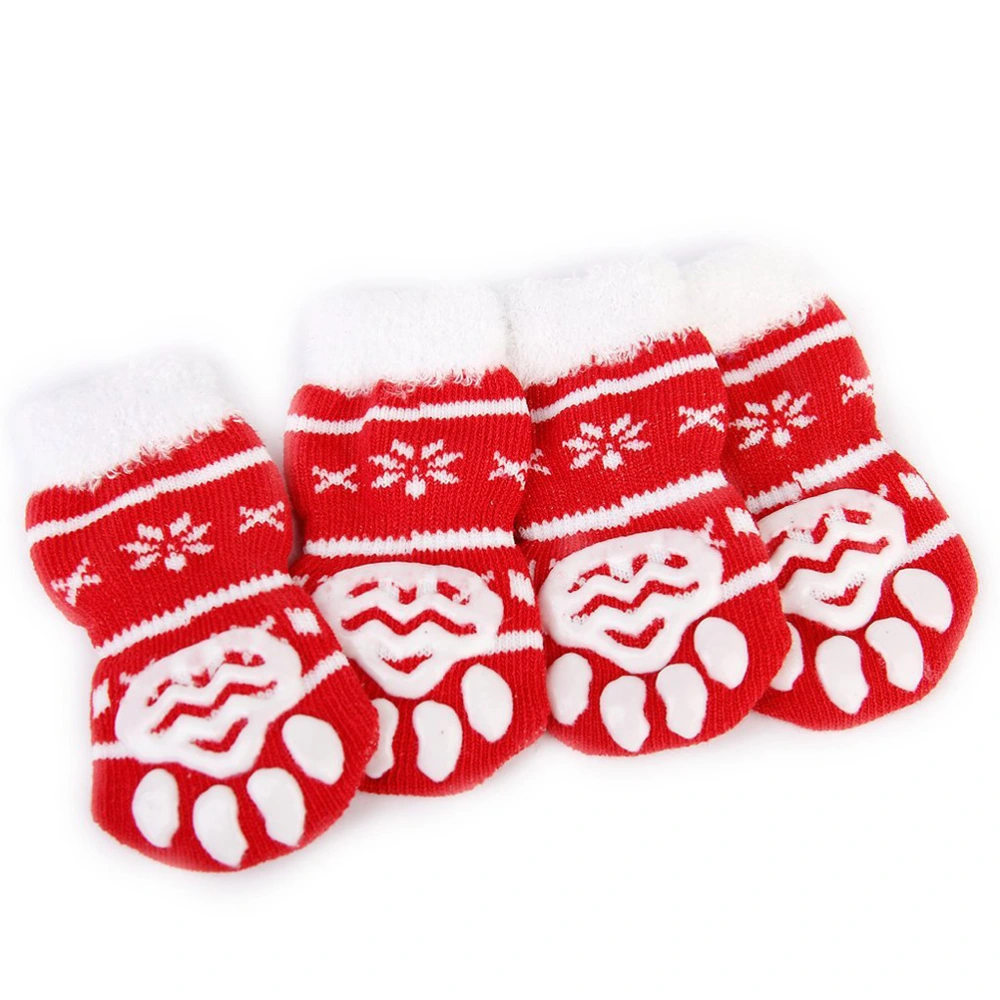 4pcs Christmas Style Dog Puppy Cat Non-Slip Socks with - Size L (Red)