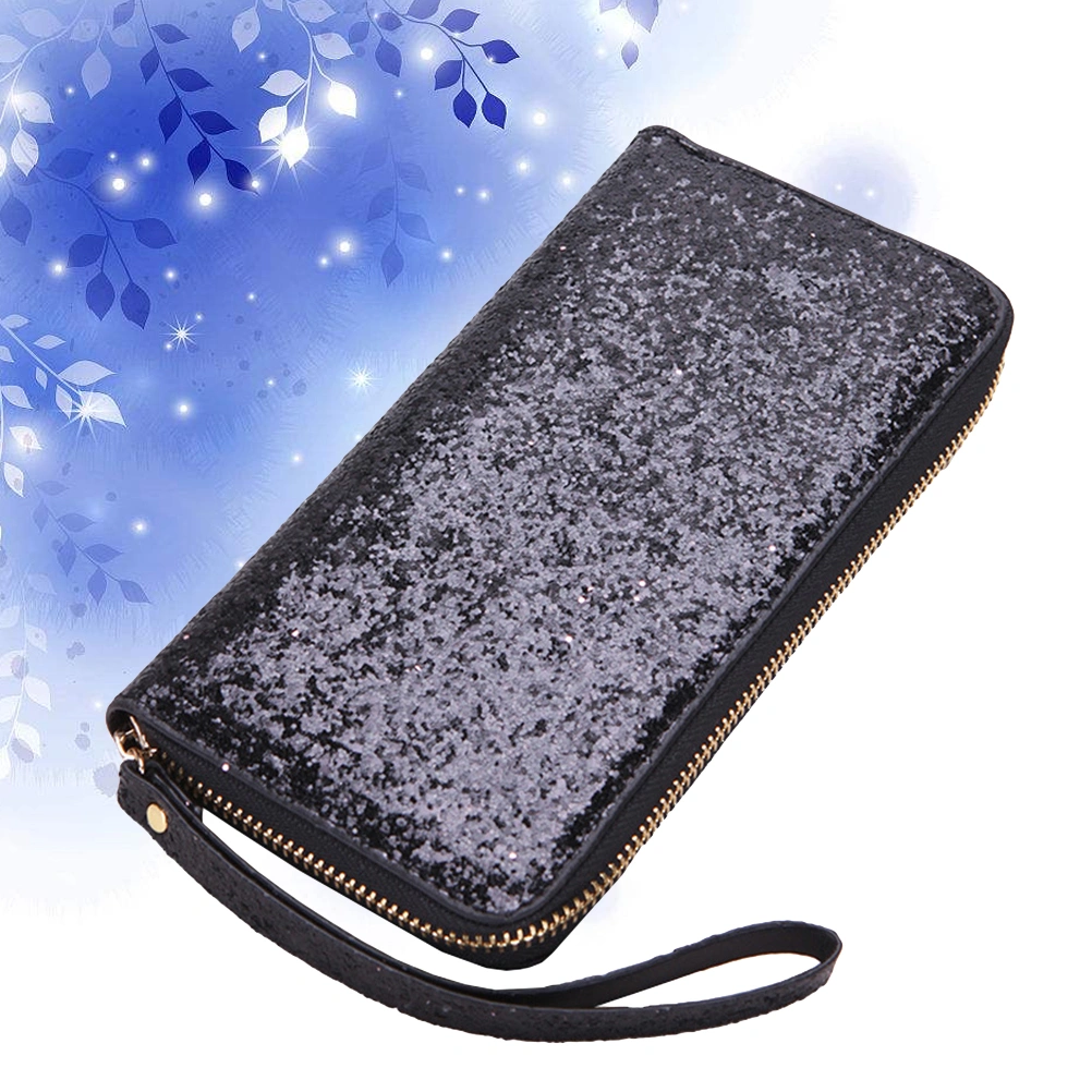 Women Long Wallet Fashion Sequin Wristband Purse Leisure Clutch for Shopping Travel (Black)