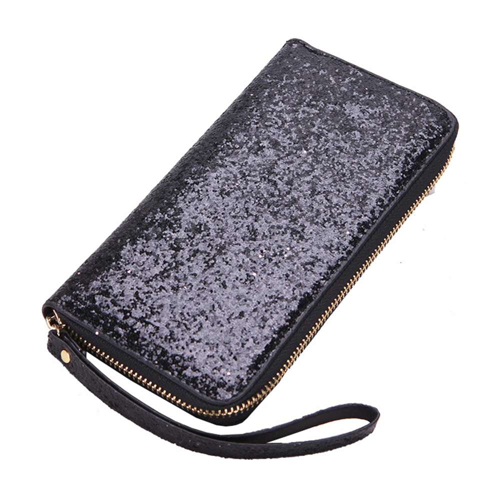 Women Long Wallet Fashion Sequin Wristband Purse Leisure Clutch for Shopping Travel (Black)