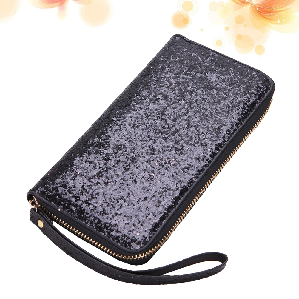 Women Long Wallet Fashion Sequin Wristband Purse Leisure Clutch for Shopping Travel (Black)