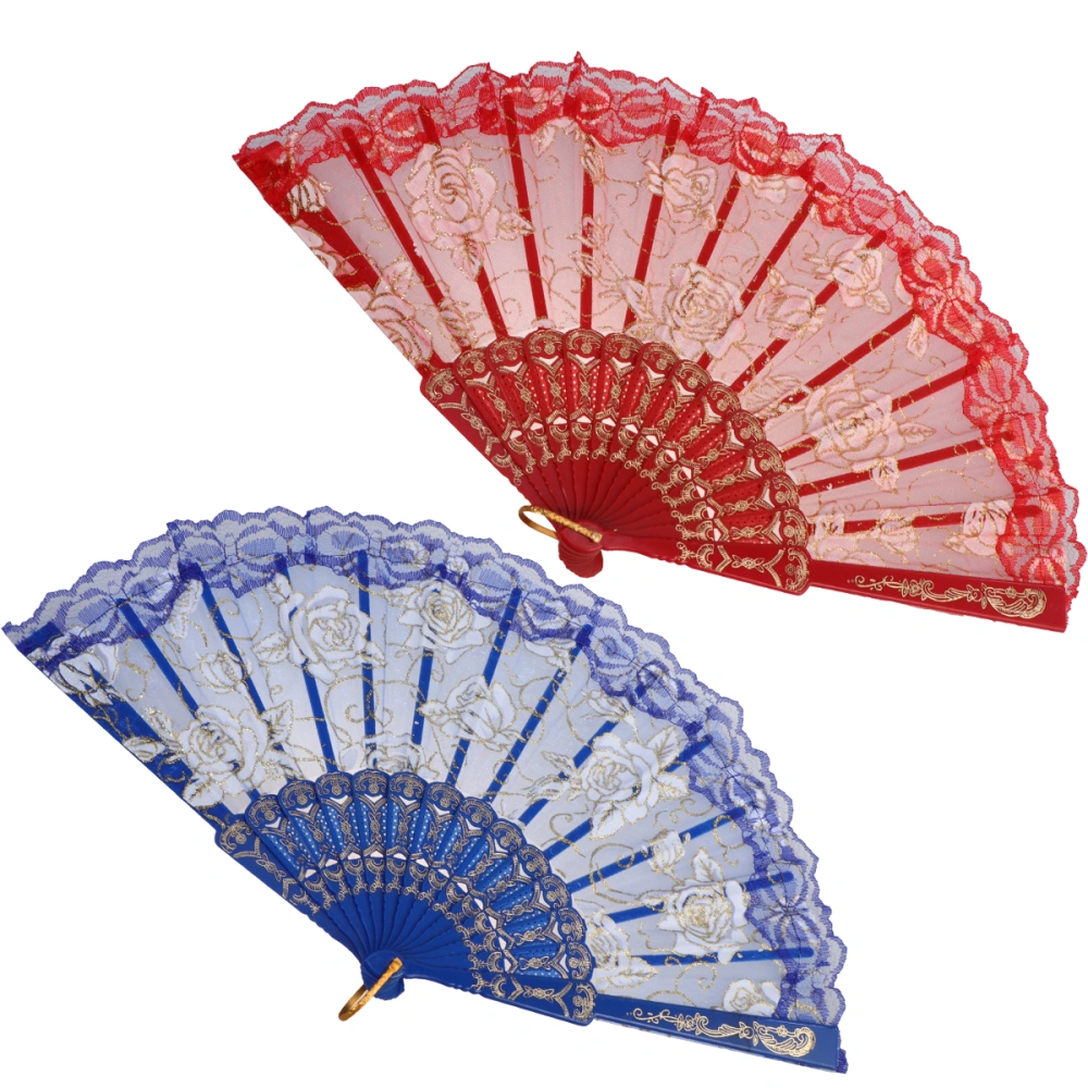 2pcs Lace Folding Fan Creative Foldable Fan Delicate Unique Ornament Adornment Fan Small Present for Women Female (Red + Blue)