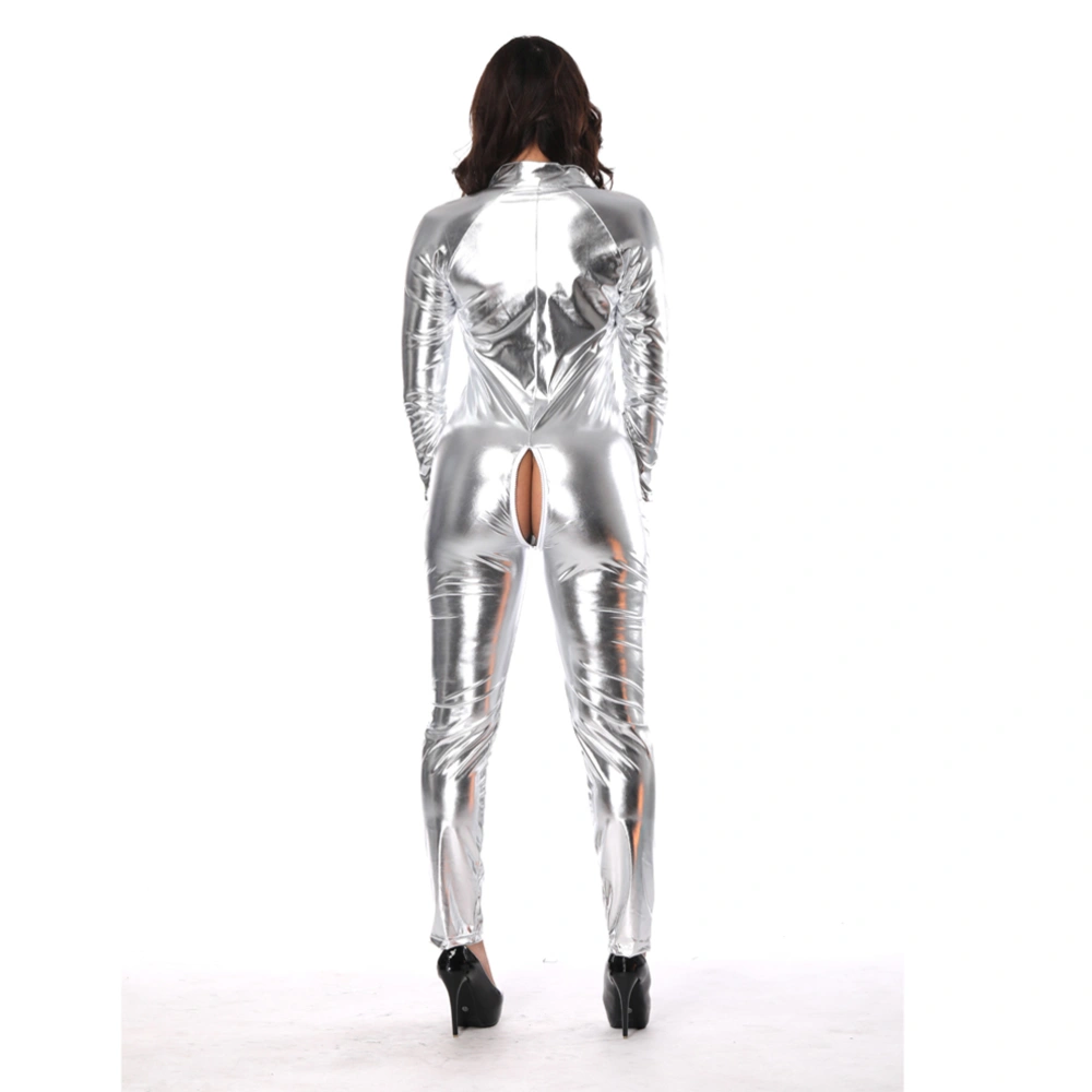 Charmed Women Patent Leather Sexy Tube Dress Lingerie Large Size Nightdress Uniforms Nightclub Clothing Size M(Silver)