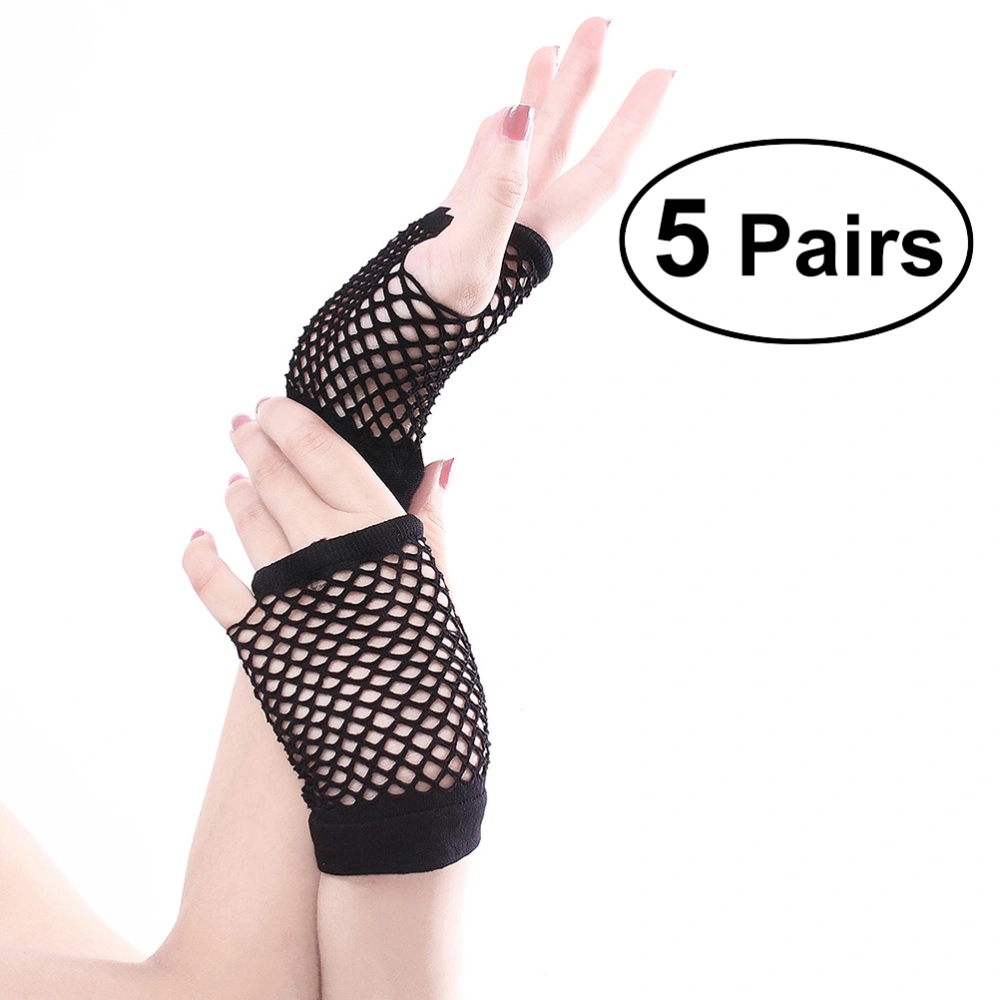 5 Pair Fishnet Gloves Short Fingerless Fishnet Gloves Nightclub Costume Party Accessories (Black)