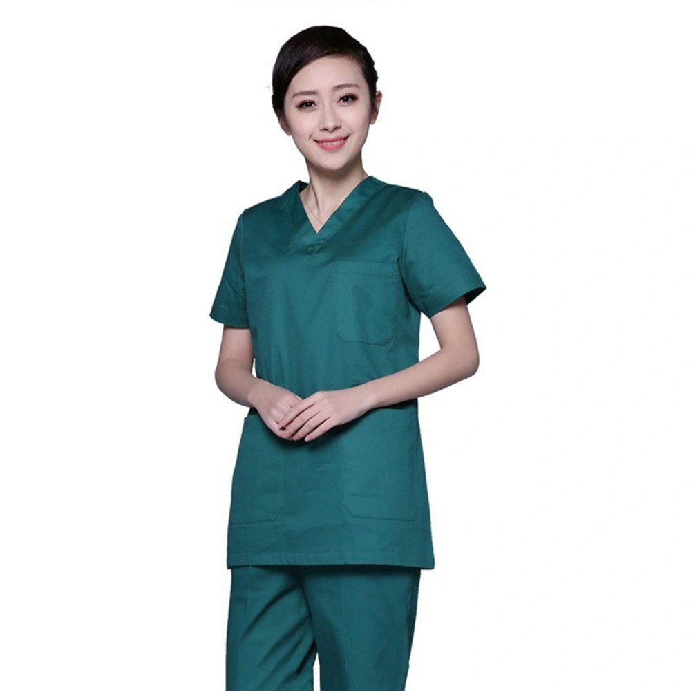 1 Set of Nursing Uniform Cotton Clothes Short Sleeve and Pants - Size S (Dark Green with 1 Pocket or 3 Pockets for Random)