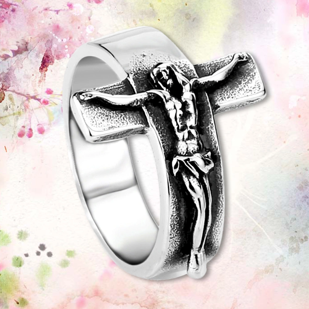 1PC Fashion Alloy Ring Jesus Cross Ring Stylish Hand Jewelry Festival Gift for Female Male (Silver NO.13)