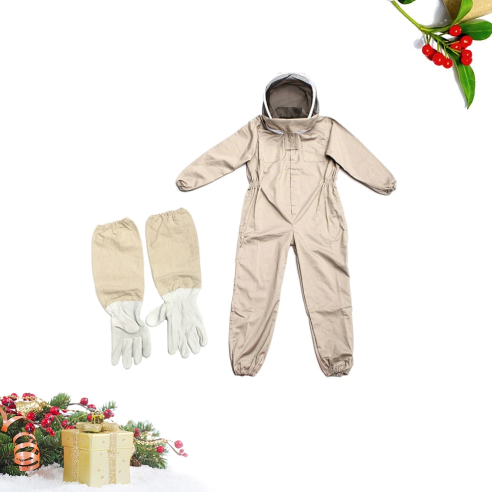 One-piece Beekeeping Protective Suit Anti Bee Body Clothing with Gloves - Size XL (Khaki, Random Style Gloves)