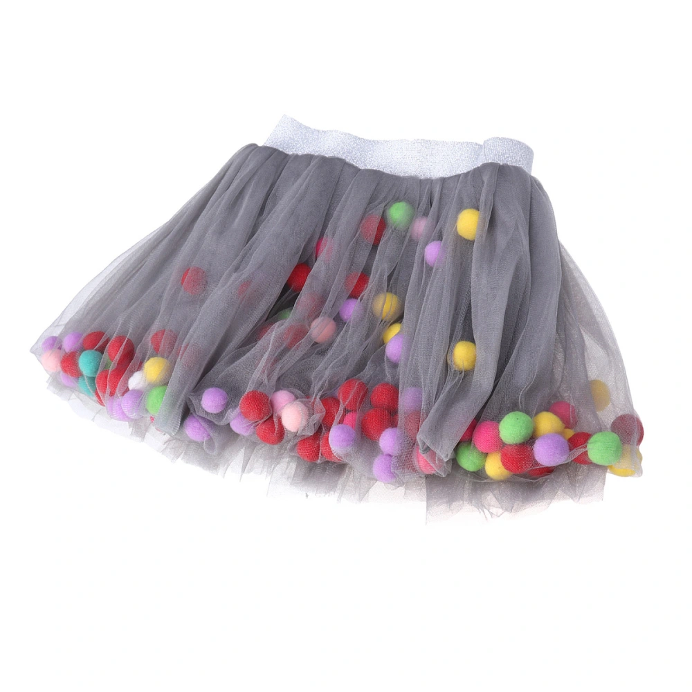 Girls Mini Tutu Skirt Elastic Layered Skirt Dance Performance Photography Tulle Dress with Pom Pom Balls - Size L(Grey)