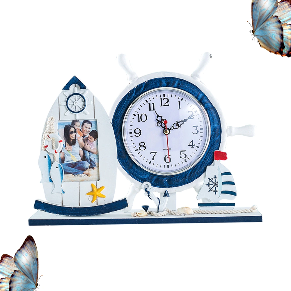 1Pc Lighthouse Design Clock Ocean Style Ornament Artistic Adornment Household Arrangement with Photo Frame without Battery