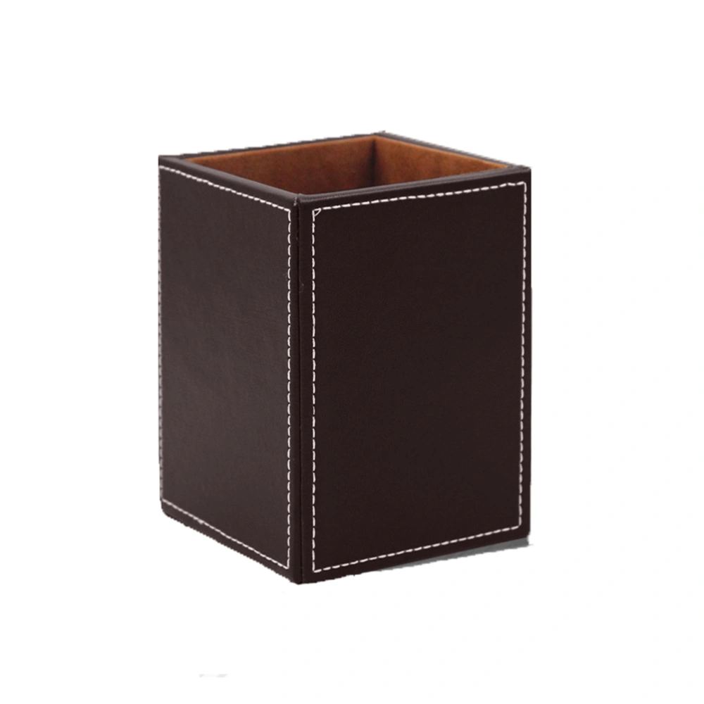 1PC PU Leather Pen Holder Office Supplies Storage Container Simple Leather Pen Holder Stylish Square Shape Pen Container Desktop Single Brush Pot for Office Dorm Brown