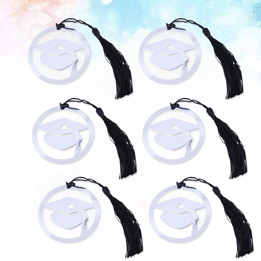 6Pcs Stainless Steel Page Marker Doctoral Shaped Bookmark with Black Tassel Graduation Gifts (Silver)