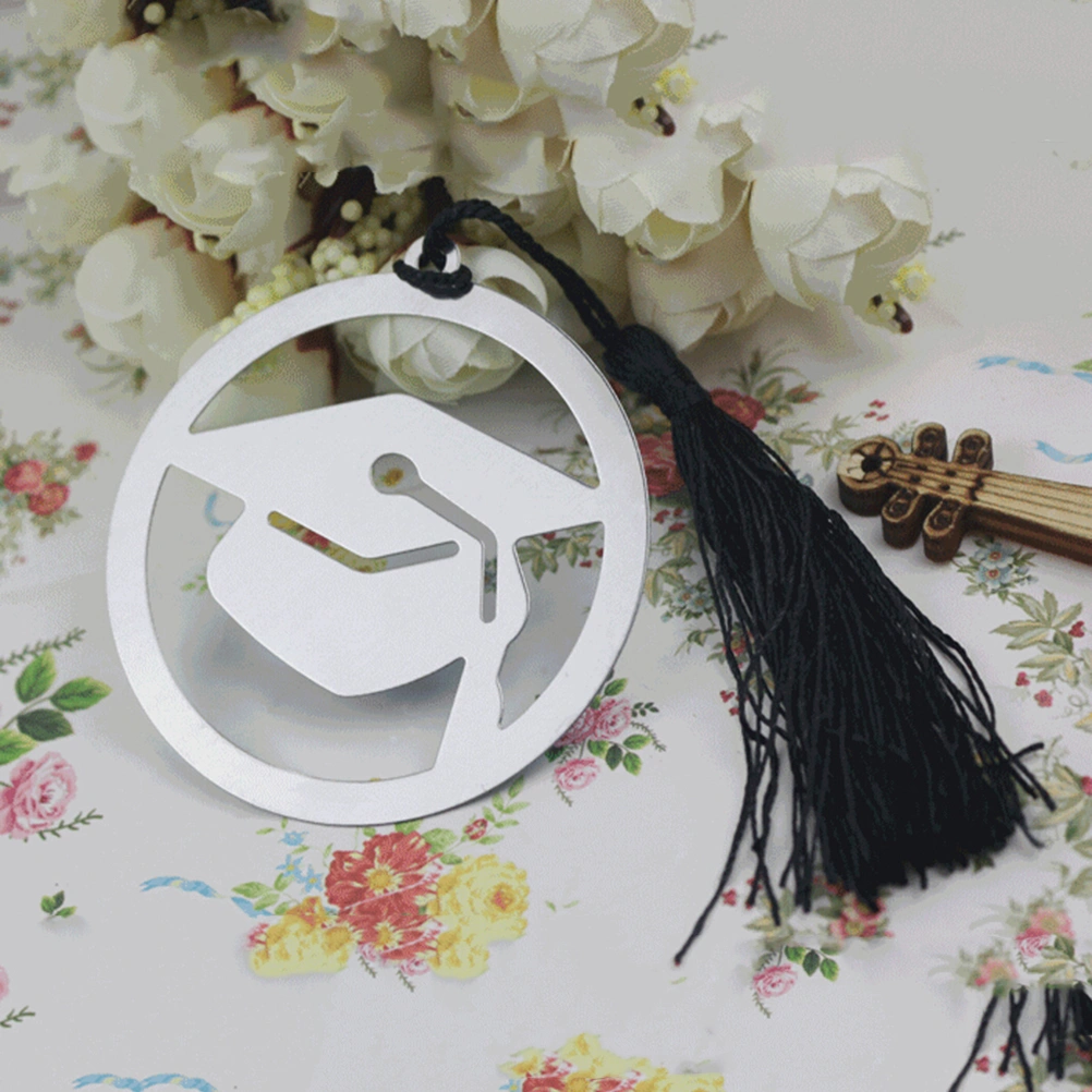 6Pcs Stainless Steel Page Marker Doctoral Shaped Bookmark with Black Tassel Graduation Gifts (Silver)
