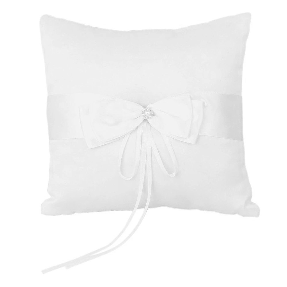 20*20cm Wedding Ceremony Ring Bearer Pillow Cushion with Satin Double Bowknot Flower Faux Pearl (Ivory)