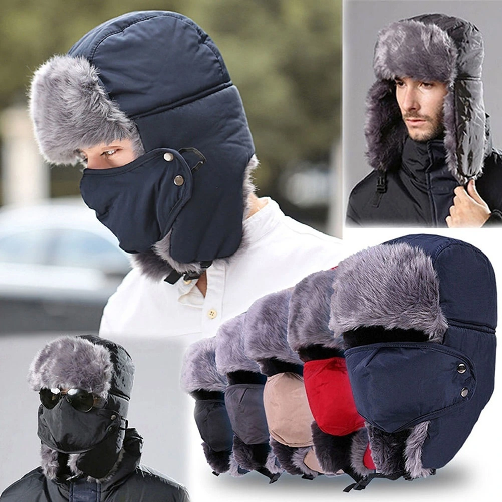 Men Women Winter Ushanka Trapper  Earflap Ski Hats With Mask Hood (Grey)