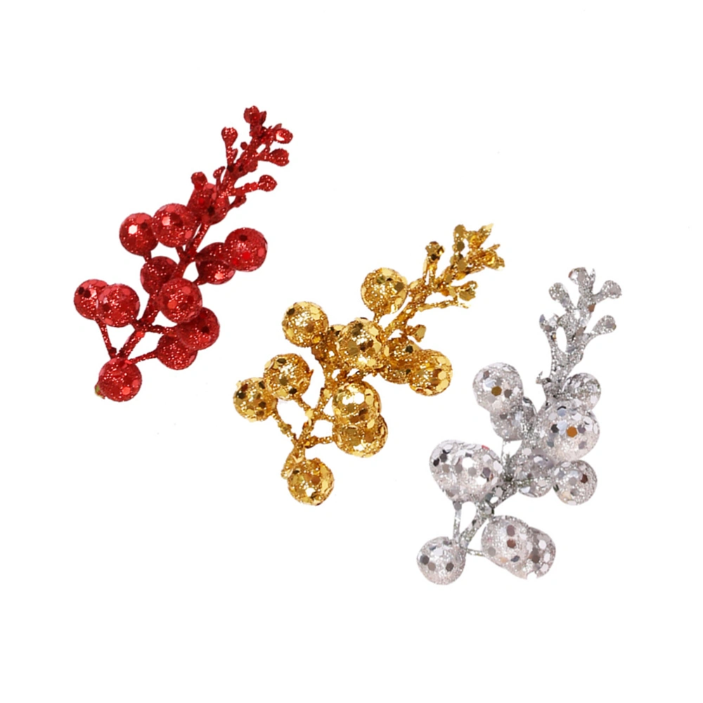 12pcs Christmas Glitter Ornament Simulate String Ball Glitter Fruit String Lifelike DIY Garland Craft Material Home Decor(Gold, Red and Silver, 4pcs for Each Color)