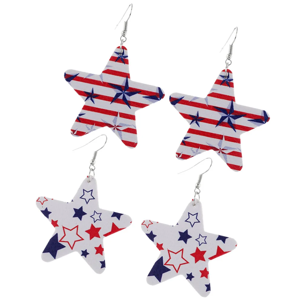 2 Pairs American National Day Earrings Independence Day Ear Stud Star Shape Earrings PU Leather Earbobs Jewelry Pentagram Dangler Decor for Lady Girl(Random Pattern)