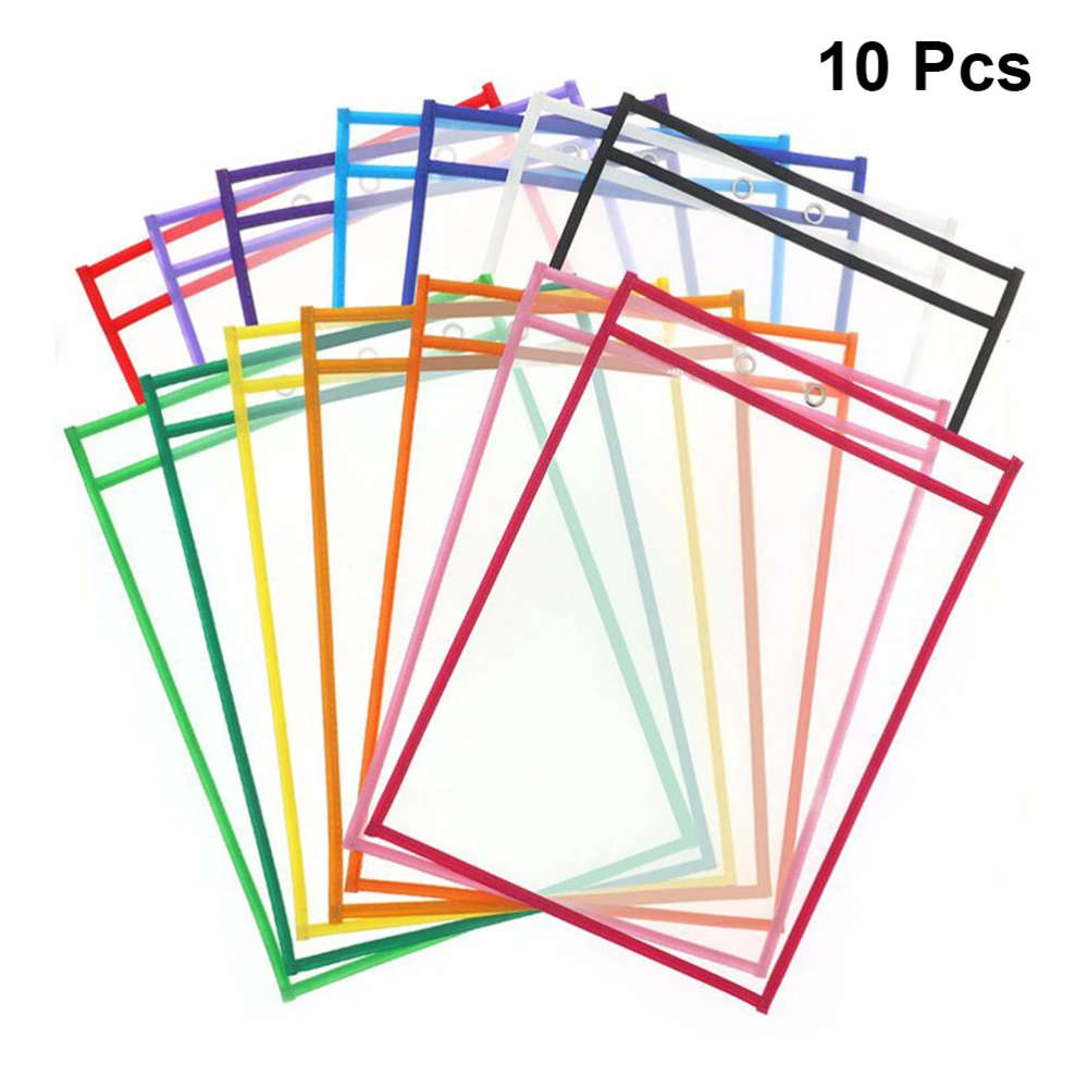 10Pcs Transparent Environmental Dry Erase File Pockets Assorted Colors Document Pouches Stationery Supplies for Office School