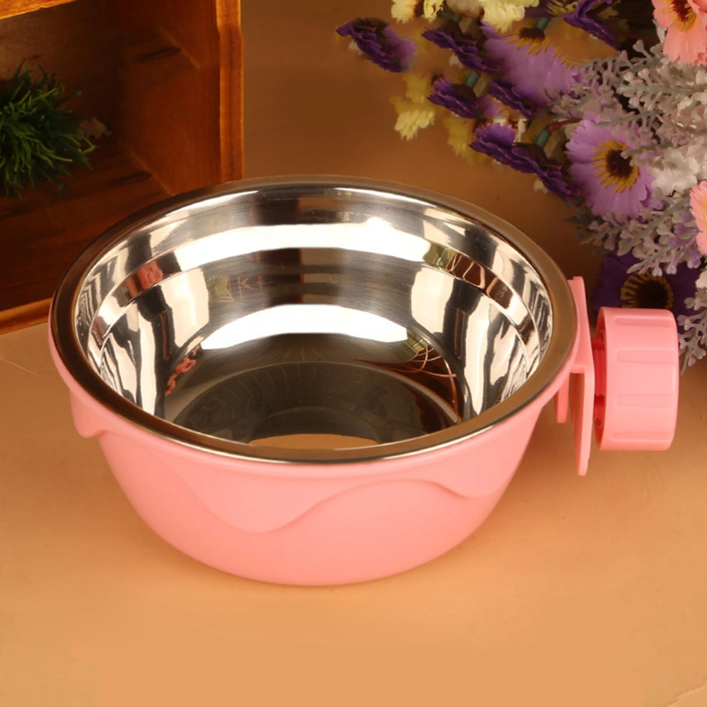 Pet Dog Cat Bowl Stationary Dog Cage Bowl Stainless Steel Hanging Bowl Two-layer Detachable Stationary Dog Bowl (Pink)