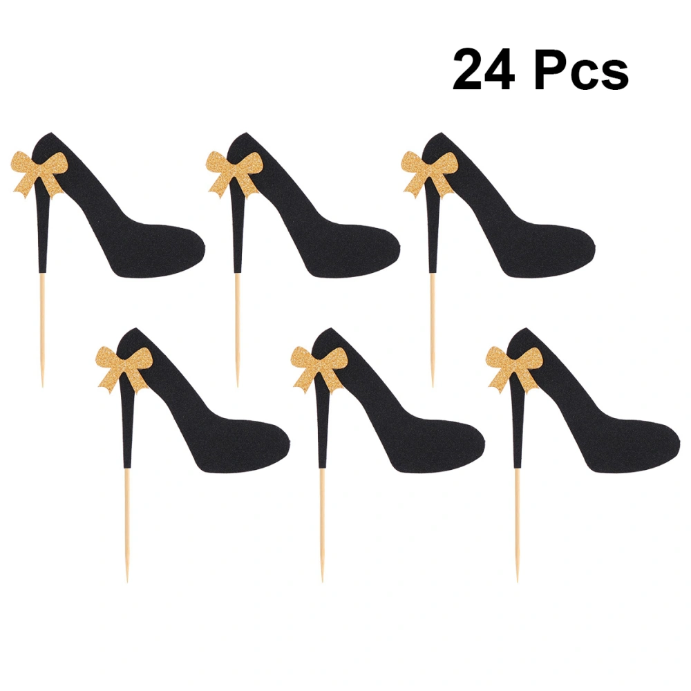 24pcs High Heels Shaped Cake Toppers Lovely Glitter Bow-knot Cake Picks Fruit Picks Cake Decorating Toppers Birthday Wedding Party Favors (Black)  