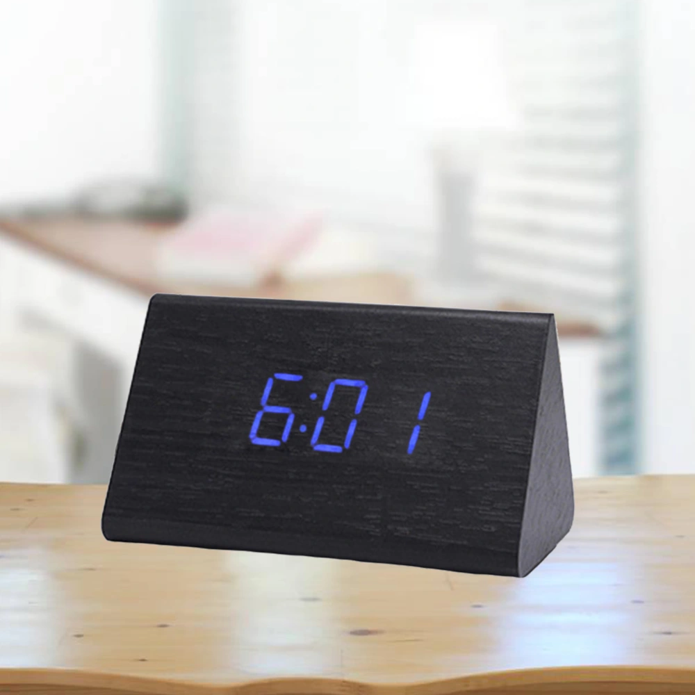 Modern Triangle LED Wooden Alarm Clock Classical Digital Sound Control Desk Clock Thermometer (Black Wood and Blue Light)