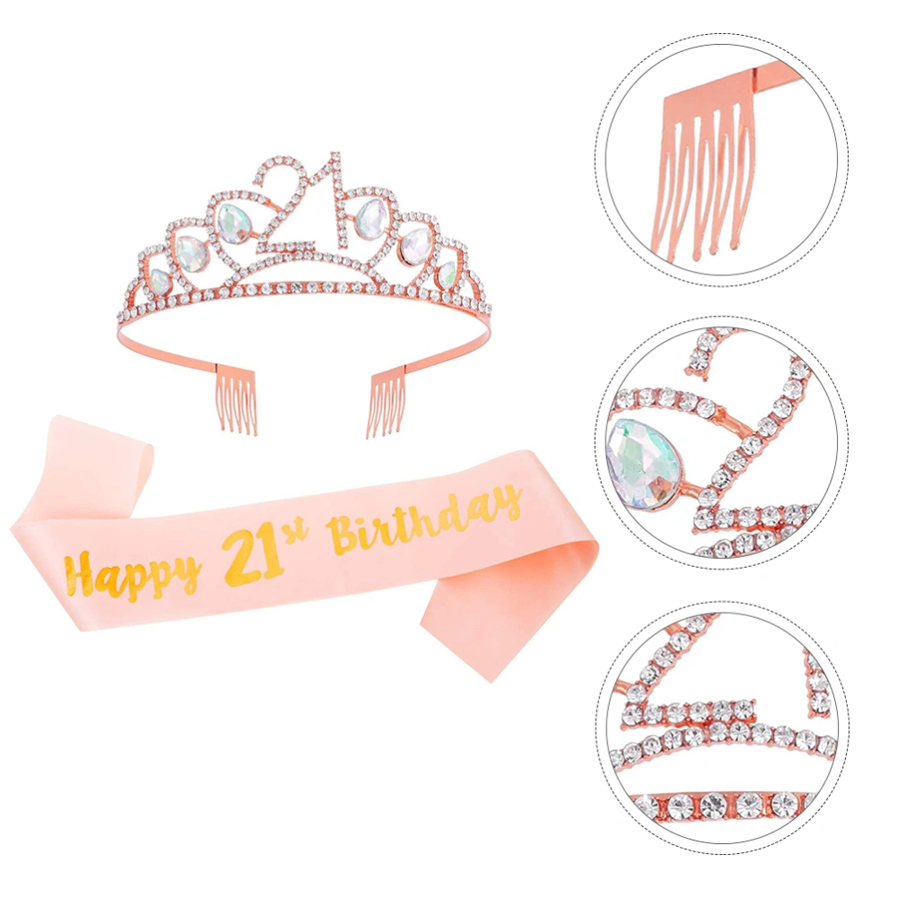 1Set Birthday Decorative Crown with Sash Party Girl Headdress Shoulder Strap