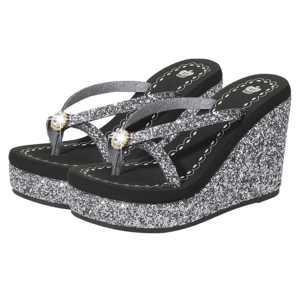 1 Pair Women Summer Slippers Fashion Flip-Flops High-heeled Sequins Diamond Sandals Beach Casual Shoes (Black, Size 39, 24.5CM, 7.5US, 5UK, 38.5EU, 9.6285Inch )