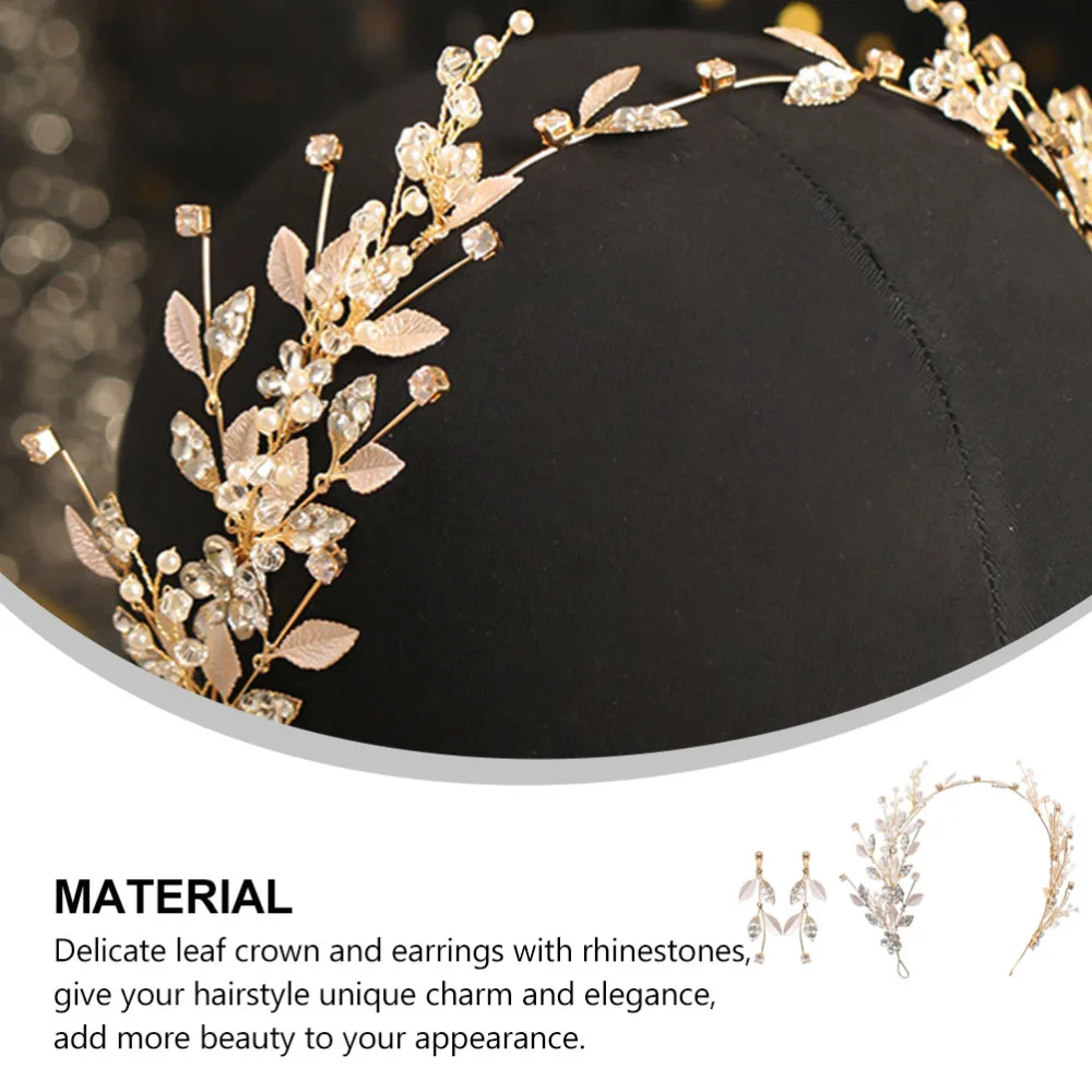 3Pcs Leaf Crown and Earrings Set Wedding Bridal Bridesmaid Headband Headdress