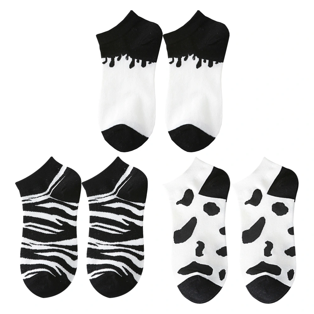 3 Pairs Cow Pattern Socks Short Length Sock Fashion Cotton Sock (Black White)