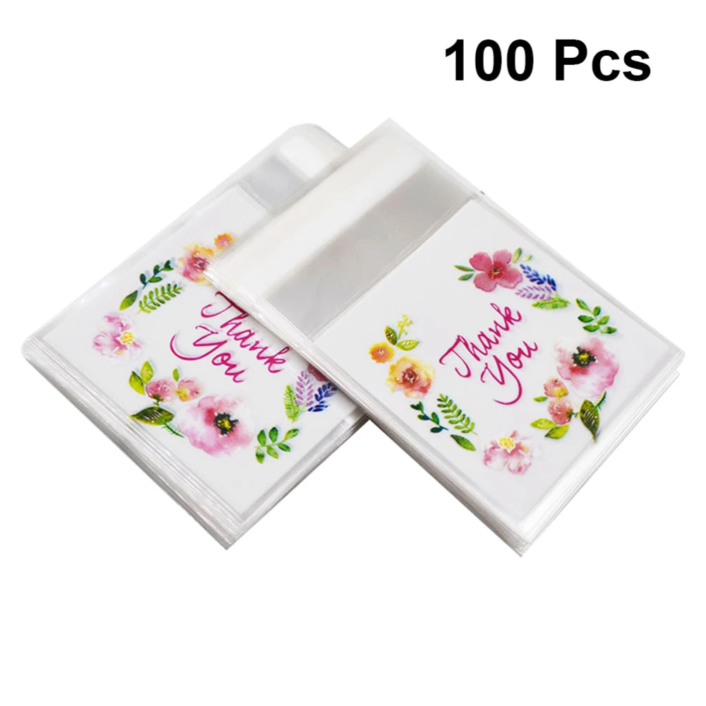 100pcs Thank You Flower Pattern Gift Bag Self Adhesive Candy Cookie Bags Cellophane Bag Packing Bag Party Favor Bag (7 x 7 + 3cm)