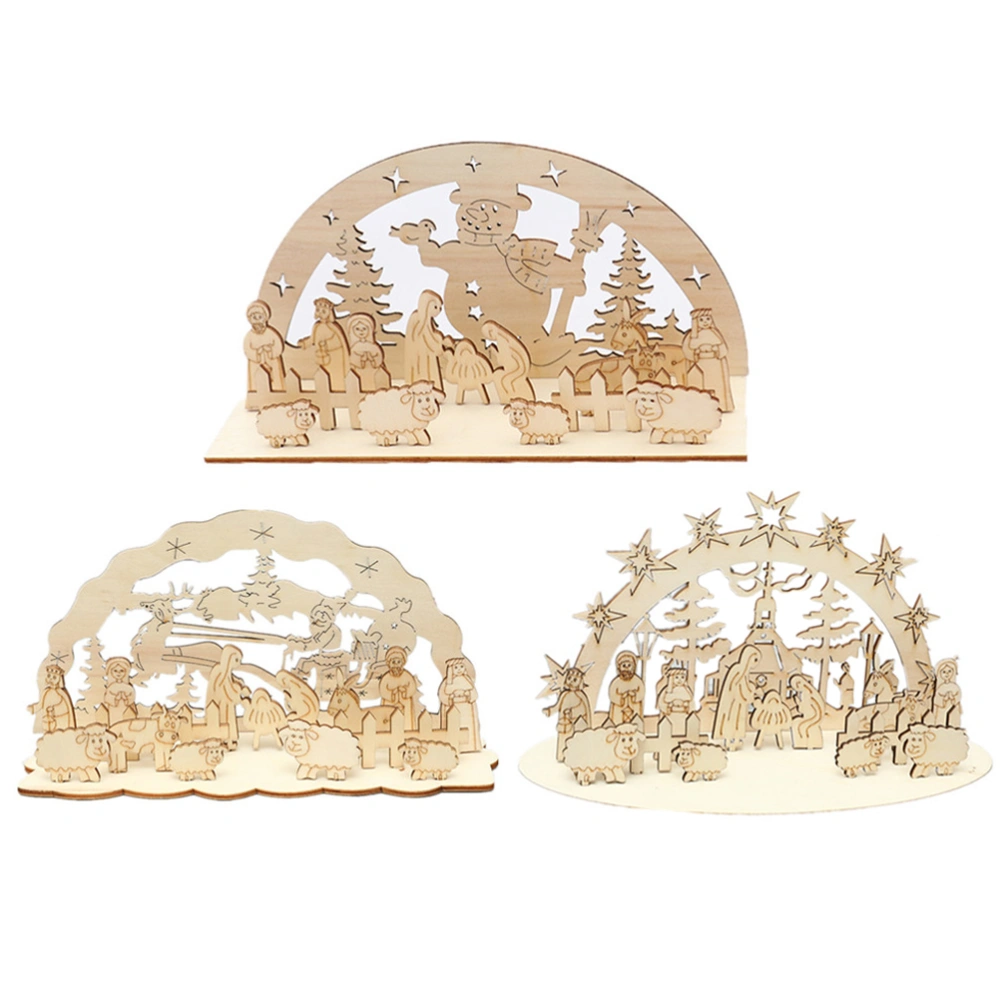 3Pcs Christmas Wood Adornment Stereo House Ornament DIY Assembly House Decor