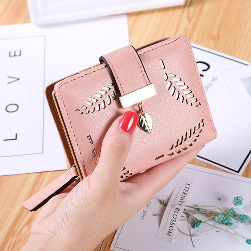 1PC Women's Mini Wallet Zipper Wallet Buckle Hollow Leaf Small Wallet Coin Purse (Pink)