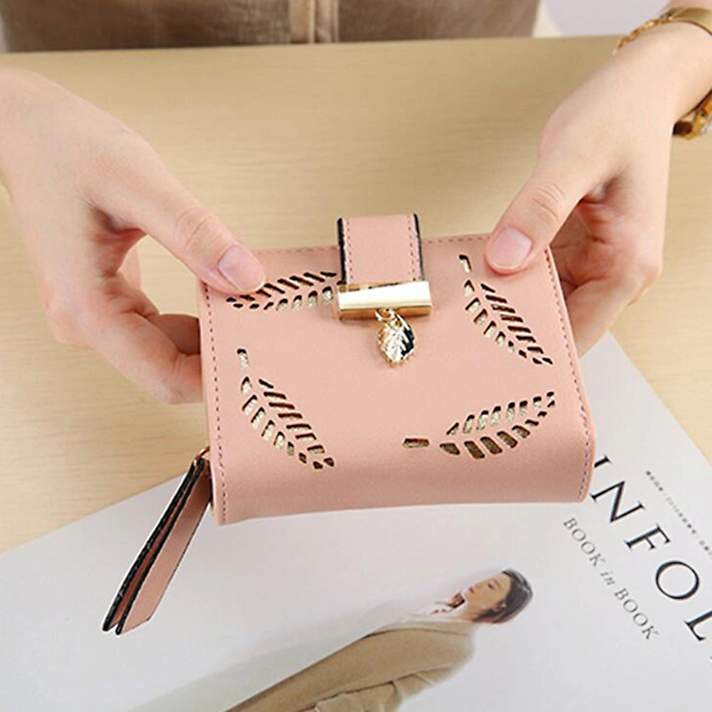 1PC Women's Mini Wallet Zipper Wallet Buckle Hollow Leaf Small Wallet Coin Purse (Pink)