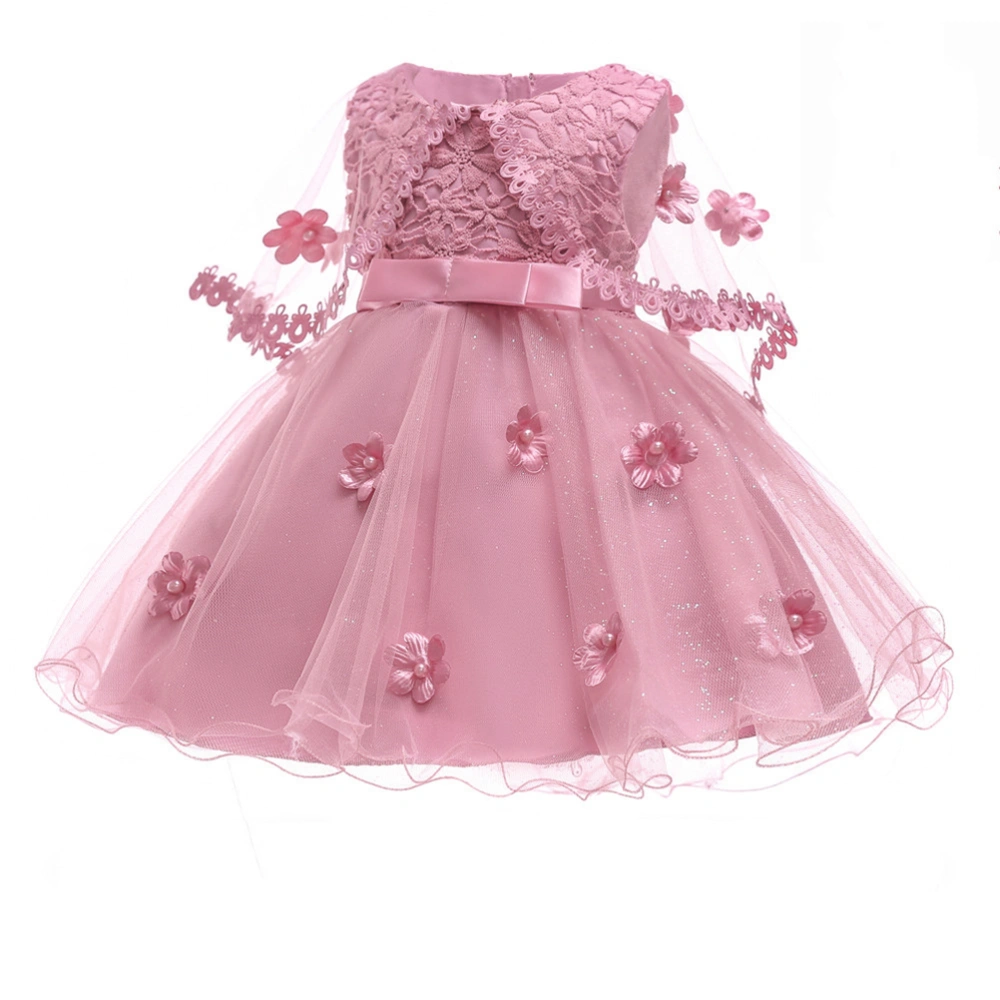 Girl Dress Solid Color Lace Sleeve Flower Mesh Skirt Stitching Ribbon Fluffy Skirt Dress Floral Party Photography Props(Bean Paste Pink,12M)