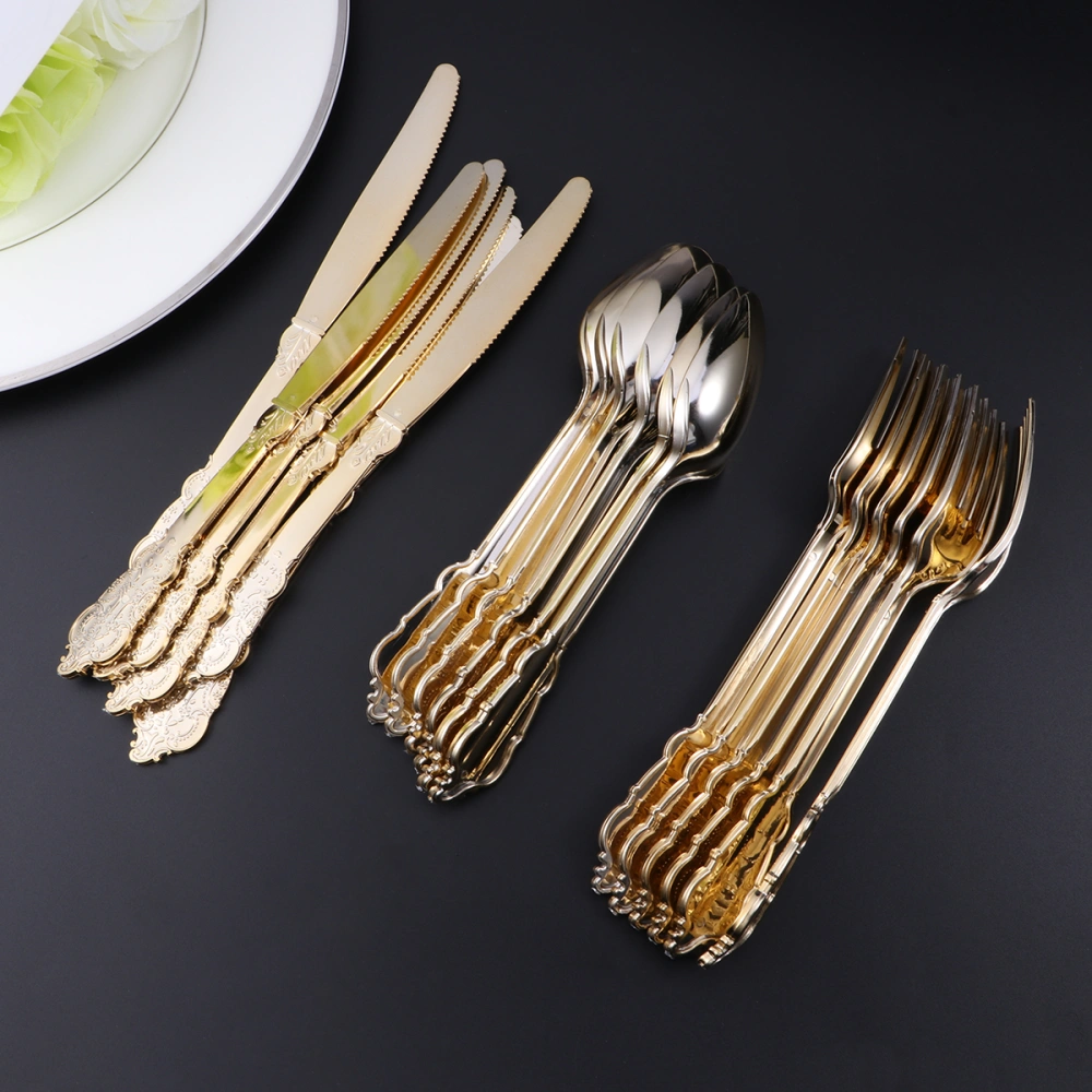 12pcs Disposable Tableware Party Paper Fork Cutting Tool Spoon for Baby Shower Birthday 4 Set Light Golden