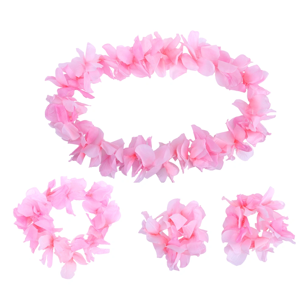 4Pcs/ Set Ruffled Simulated Silk Flower Hawaiian Leis Necklace Bracelets Flower Wreath Headband Floral Garland Crown Women Girls Headwear For Luau Party Supplies Favors (Pink)